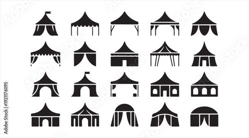 Black Event Shelter Icons Featuring Tents, Gazebos and Pavilions Isolated Vector Set