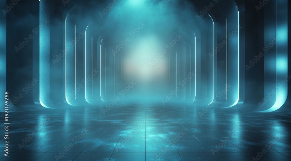 Fototapeta premium empty futuristic corridor with glowing teal arches, reflective tiled floor and misty atmosphere conveying mystery and calm