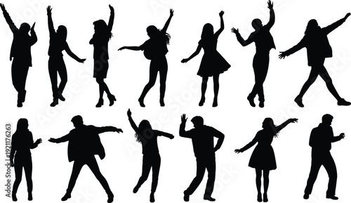 Party dancing people silhouettes collection, men and women celebrating in energetic dance poses isolated black vector set