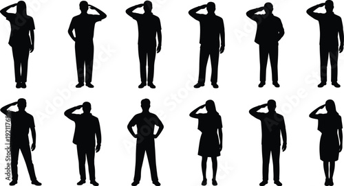 People saluting silhouettes set, men and women standing in respect gesture isolated black vector collection on white background