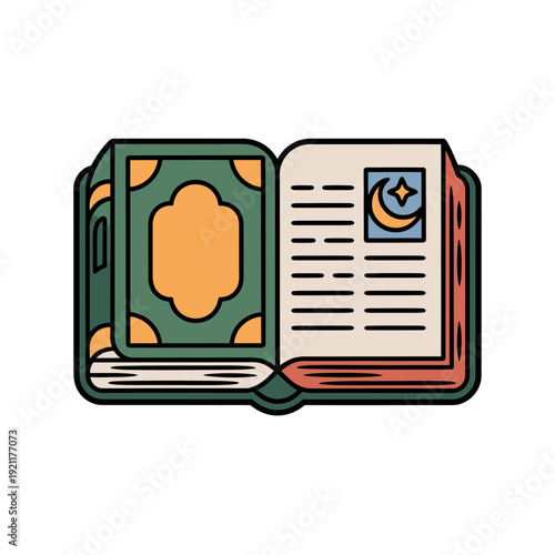 An open Islamic book with calligraphy, a crescent moon, and a star on a page.