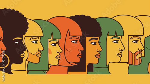 diverse men and women profiles in a line symbolizing unity equality and community on a yellow background for social justice campaigns.