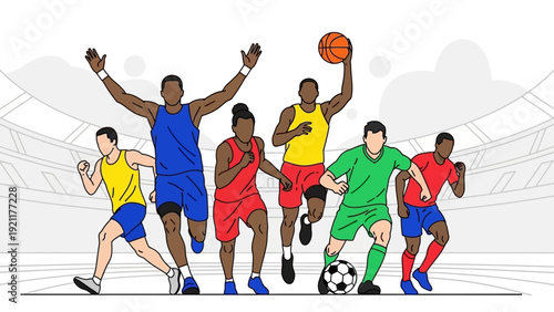 diverse multi-ethnic athletes running playing basketball and soccer in a modern stadium symbolizing competition and active teamwork.