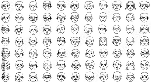 diverse minimalist line art human face icons representing various male and female user avatars for modern ui ux design.