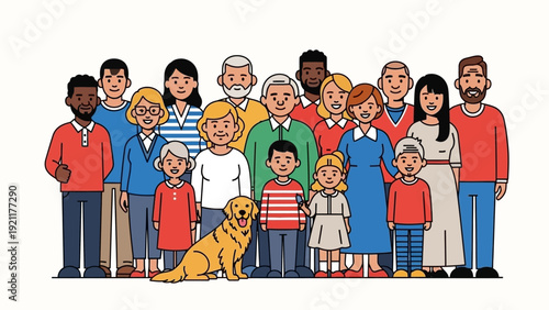 diverse multi-generational family with golden retriever standing united symbolizing happiness community intergenerational support.
