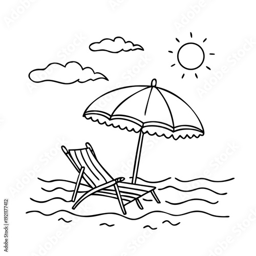 A vibrant vector illustration of a tropical beach featuring a colorful sun parasol and chair on golden sand under a blue sky with soft clouds by the summer sea