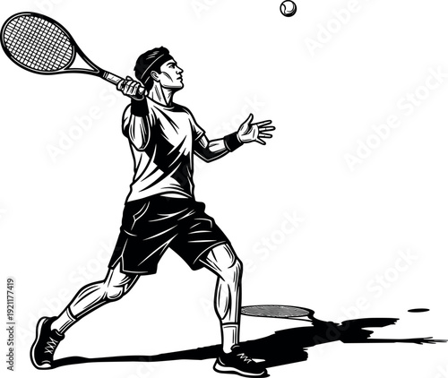 Dynamic black and white vector illustration of a male tennis player performing a powerful overhead serve or smash during match.