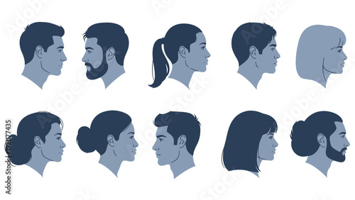 diverse people profiles male and female head silhouettes various hairstyles facial hair human identity diversity user-icons.
