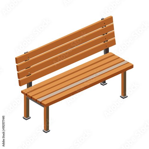 Isolated empty wooden park bench with brown seat and metal legs on white background for garden furniture 3d illustration design