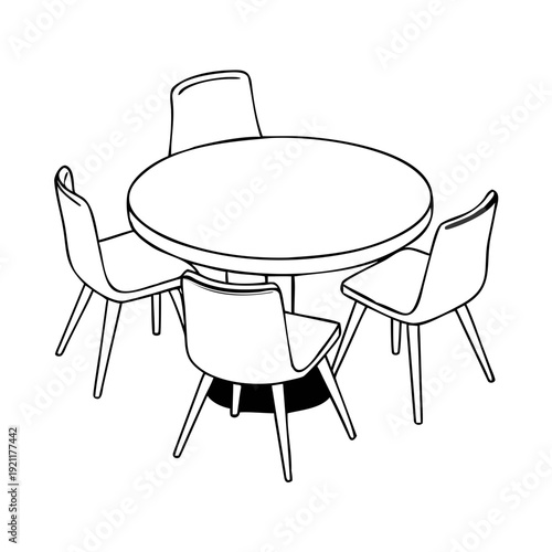 Vector illustration set of wooden kitchen furniture and metal bar stools featuring a dining table and chairs for cafe or restaurant interior design
