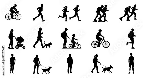 diverse people silhouettes engaging in outdoor activities running cycling walking and rollerblading promoting active lifestyles.