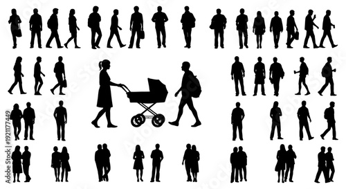 diverse people silhouettes men women groups walking standing for urban life social interaction community visuals.