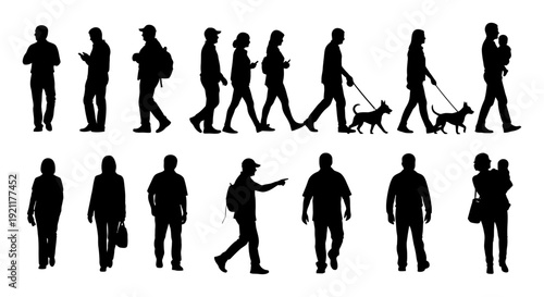 diverse people silhouettes walking using mobile phones and interacting with pets or babies ideal for modern urban life graphic design elements.