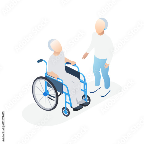 An elderly handicapped patient sits in a wheelchair while a senior 3d man provides healthcare assistance and care near a person on a bicycle
