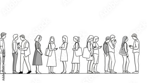 diverse people standing in a line some talking face-to-face others focused on smartphones illustrating modern social interaction and digital age communication.