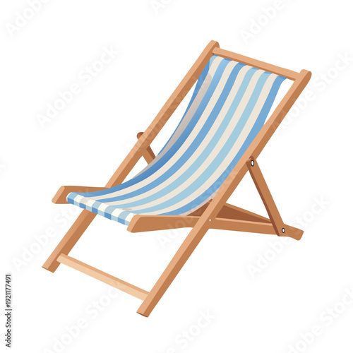 Wooden folding beach chair and deck furniture object for summer vacation relaxation isolated on white