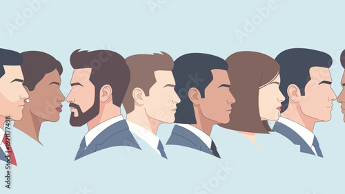 diverse professional people in profile some facing each other others looking away symbolizing human interaction and communication.
