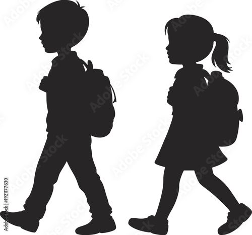 School boy and girl walking with backpacks silhouettes, side view student children isolated on white background, education concept illustration