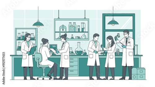 diverse scientific research team collaborating on experiments in a modern laboratory illustrating medical discovery healthcare and scientific advancement.