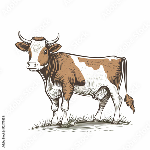 Cow. Brown and white cow. Engraving style. Isolated on white background. Vector illustration.