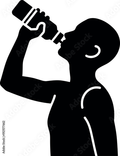 Black Silhouette Illustration of a Man Drinking Water from a Plastic Bottle for Fitness Hydration Healthy Lifestyle and Athletic Wellness
