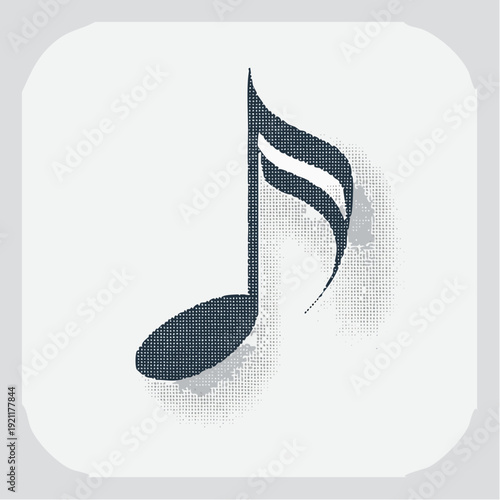 Musical note in halftone grunge design, isolated on white background. Vector illustration.