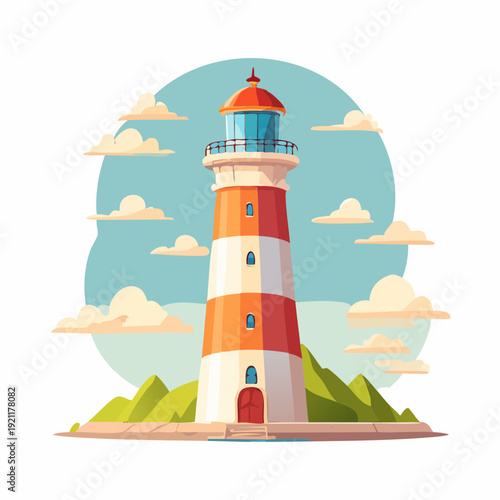 Colorful lighthouse on island. Vector illustration of striped tower with bright colors, isolated on white background.