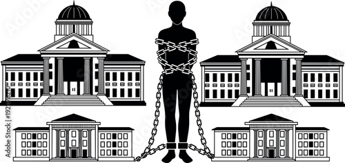 Black Silhouette of Person Bound by Metal Chains and Shackles Standing Between Large Government Buildings Symbolizing Legal Struggles and Institutional Confinement
