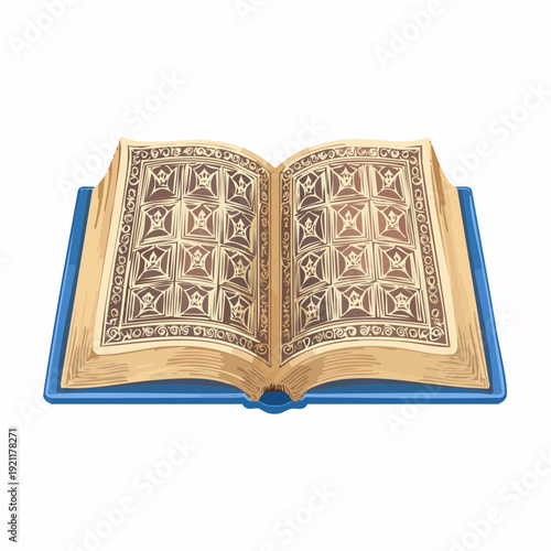 Ancient book, open, with intricate engravings. Isolated on white background. Vector illustration.