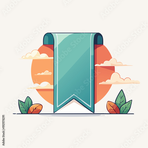 Teal ribbon banner. Blank teal banner with orange sun background. Vector illustration.