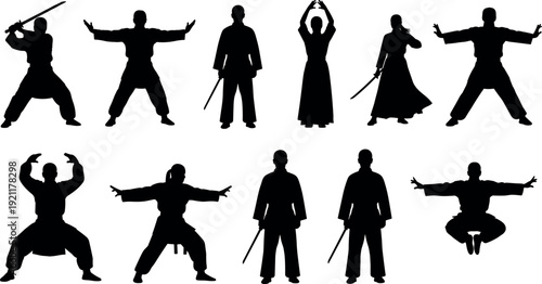 Black Silhouettes of Martial Arts Warriors Holding Swords and Performing Traditional Combat Poses for Sports Training and Action Design Assets