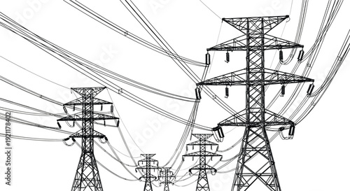 High voltage transmission towers, electrical pylons with power lines, black and white vector illustration of energy infrastructure, electricity grid engineering design