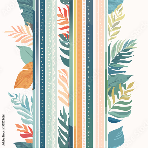 Colorful stripes with leaves. Vector illustration of tropical leaf patterns on striped background. Vector.