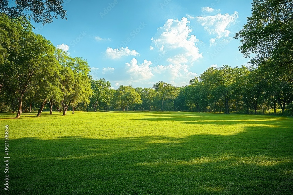 Fototapeta premium Sunlit open green meadow with scattered trees, soft shadows and a bright blue sky dotted with fluffy white clouds, evoking a peaceful serene summer park