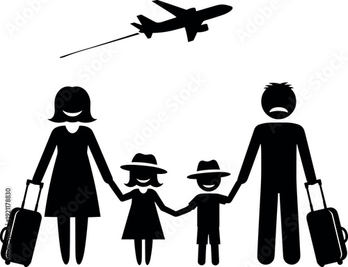 Family Travel Silhouette with Smiling Mother and Children while Sad Father Pulls Luggage Under Flying Airplane for Relocation or Vacation