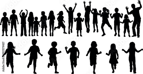 Large Collection of Silhouettes Featuring Happy Children and Kids Running Jumping Playing and Having Fun in a Diverse Group Illustration