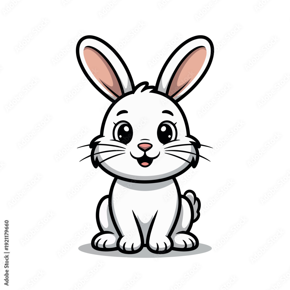 Fototapeta premium A cute cartoon white bunny rabbit sits looking forward with a happy expression.