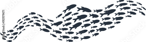 School of fish silhouettes forming wave shape, marine underwater animals swimming together isolated on white background, ocean wildlife illustration