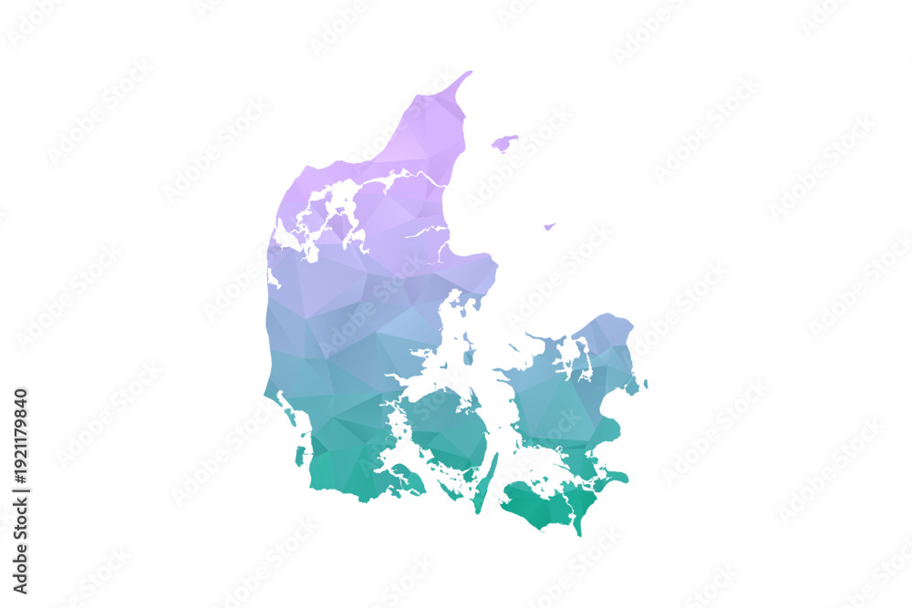 Naklejka premium Denmark Map Polygon Style Vector Illustration in Purple and Cyan Gradient, Low Poly Geometric Design, Isolated on White Background for Infographics and Projects.
