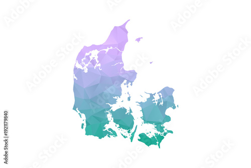 Denmark Map Polygon Style Vector Illustration in Purple and Cyan Gradient, Low Poly Geometric Design, Isolated on White Background for Infographics and Projects.