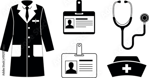 PrintMedical Healthcare Professional Icon Set Featuring Doctors White Lab Coat Stethoscope Nurse Cap and Identification ID Badge Vector Illustration for Stock