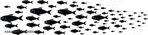 School of fish silhouettes swimming together, black marine animals isolated on white background, ocean wildlife illustration concept design