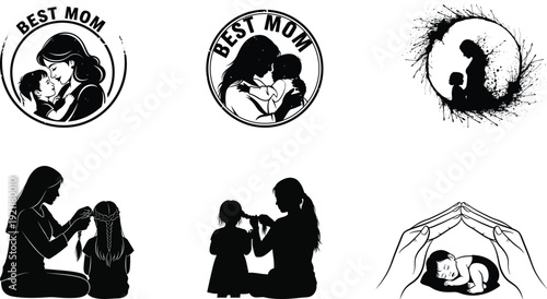 Black and white illustrations of mother and child moments