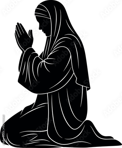 Silhouette of a faithful woman in traditional modest clothing kneeling in deep prayer and spiritual meditation isolated on white background