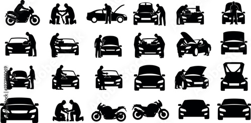 Professional Auto Mechanic and Car Repair Silhouette Collection Featuring Technicians Working on Engines, Windshields, Motorcycles, and Vehicle Maintenance Service Icons