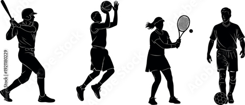 Collection of professional sports silhouettes featuring baseball batter hitting basketball player jumping tennis woman serving and soccer football player with ball