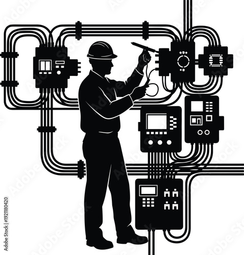 Industrial electrician silhouette working on complex electrical control system, technician adjusting wiring panels with tools, hard hat safety, black and white vector illustration