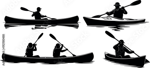 Set of black silhouettes featuring people paddling in kayaks and canoes on water for outdoor adventure and summer sports recreation
