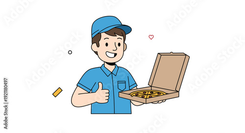 Friendly delivery man wearing a blue uniform and cap holding an open box with a delicious pizza and giving a thumbs up.