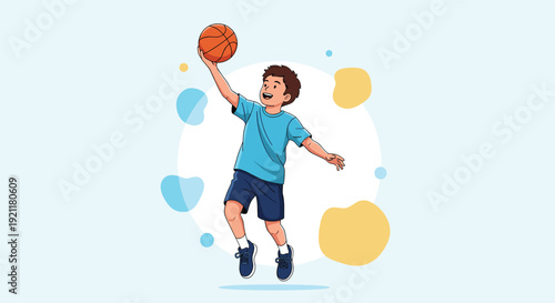 Athletic young boy jumping high to perform a layup or dunk with a basketball against a decorative abstract background.